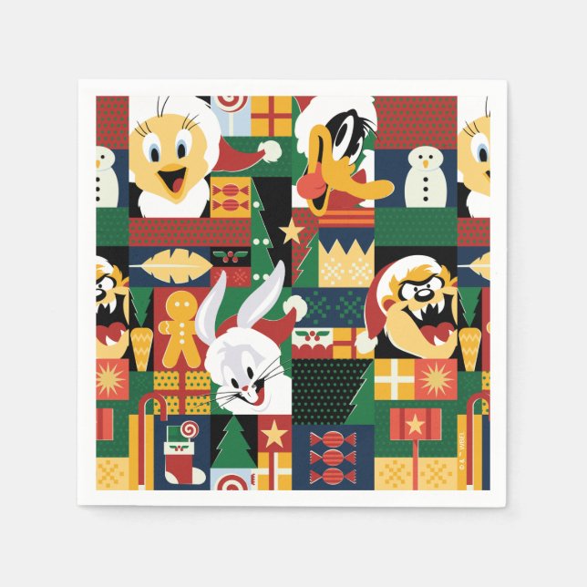 Guardanapo De Papel LOONEY TUNES™ Holiday Block Patterno (Frente)