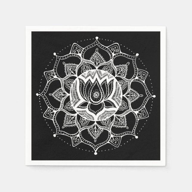 Guardanapo De Papel Lotus Mandala Preto e Branco (Frente)