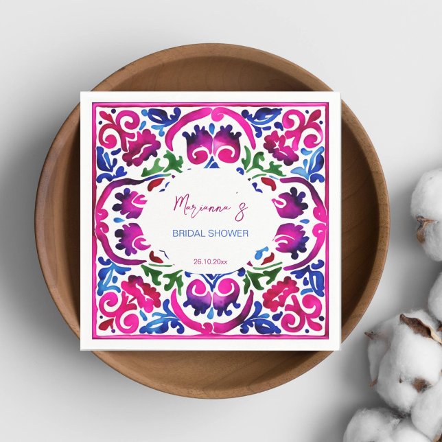 Guardanapo De Papel Louças de mesa para chá de panela com azulejos mex (Magenta pink blue Mexican Spanish Talavera tiles bridal shower tableware personalized napkins fiesta)