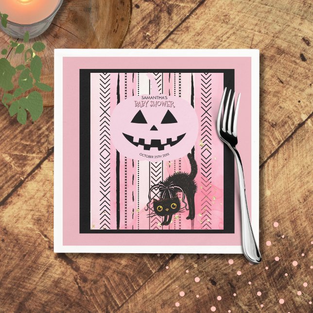 Guardanapo De Papel Louco e Preto do Dia das Bruxas (Spooky Halloween Pink and Black Stripes Pumpkin Napkins)