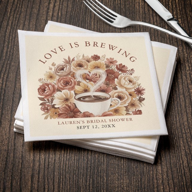 Guardanapo De Papel Love is Brewing Brown Floral Coffee Heart Bridal (Love is Brewing Brown Floral Coffee Heart Bridal Napkins
)