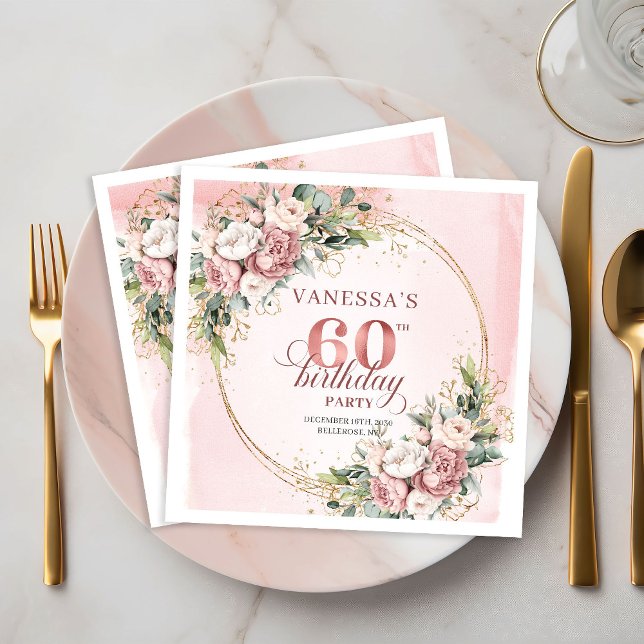 Guardanapo De Papel Lovely Boho Rose Gold Floral 60th Birthday Napkins (Lovely Boho Rose Gold Floral 60th Birthday Napkins)