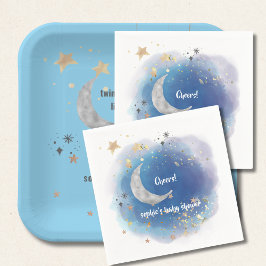Guardanapo De Papel Lua Celestial Estrelas, Azul Real E Dourado Abstra