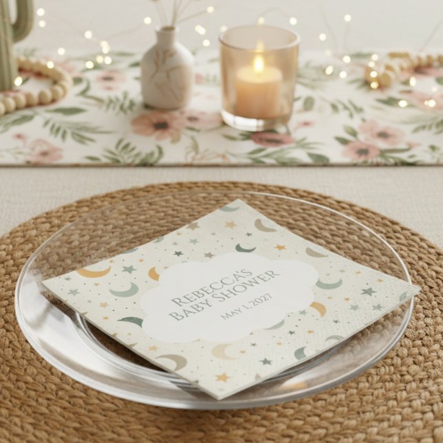Guardanapo De Papel Lua e Estrelas Boho Chá de Adoção Bebê (Personalized Boho baby shower featuring moon and stars)