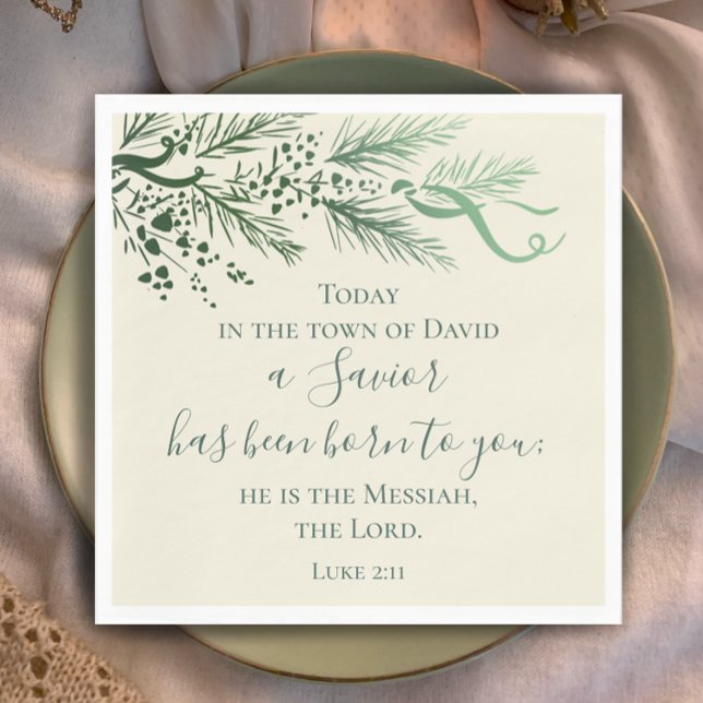 Guardanapo De Papel Luke 2:11 Escritura Personalizada Pine Moderno Nat (Luke 2:11 Christian scripture elegant sage pine Christmas dinner napkins. Custom modern script decor)