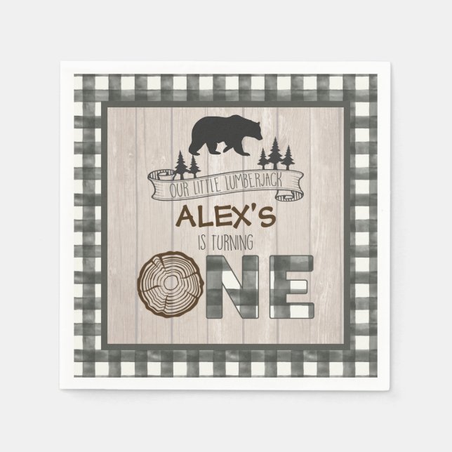 Guardanapo De Papel Lumberjack primeiro aniversario Napkin - Urso Bran (Frente)
