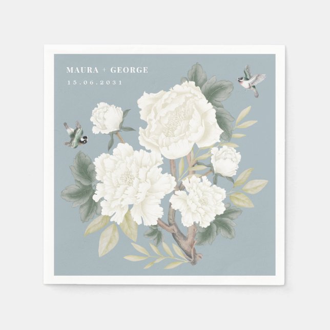 Guardanapo De Papel Luxury Chinoiserie Dusty Blue Ivory Casamento Flor (Frente)