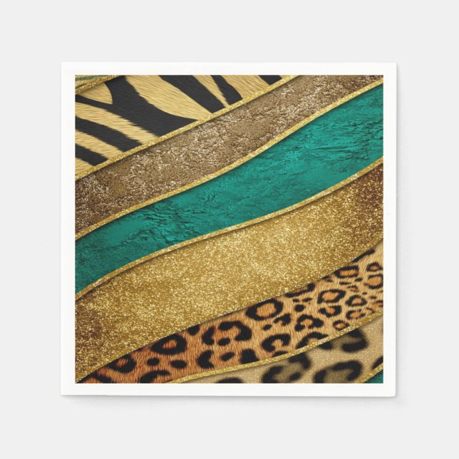 Guardanapo De Papel Luxury Emerald & Gold Safari Leopard Zebra Glitter (Frente)