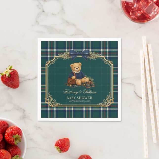 Guardanapo De Papel Luxury Preppy Teddy Bear Plaid Baby Shower  (Insitu)