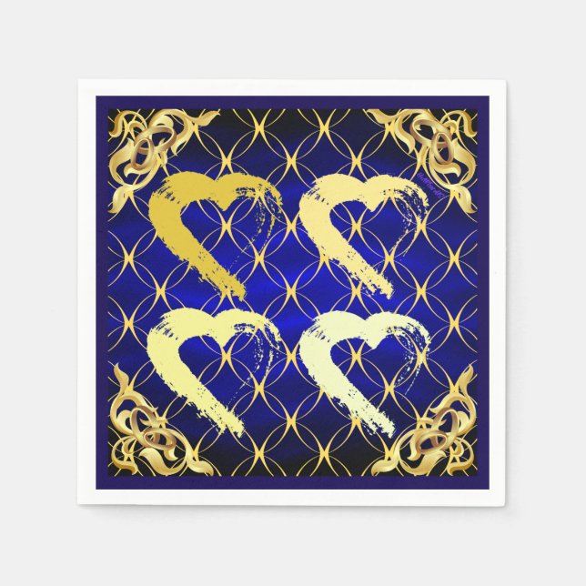 Guardanapo De Papel Luxury Royal Blue e Dourados Hearts Napkin (Frente)