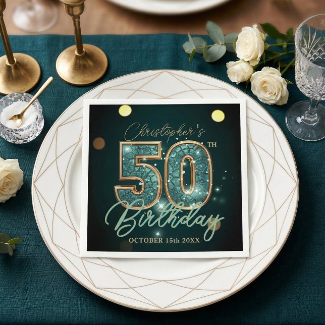 Guardanapo De Papel Luxury Teal Gold Mosaic 50th Birthday Party (Criador carregado)