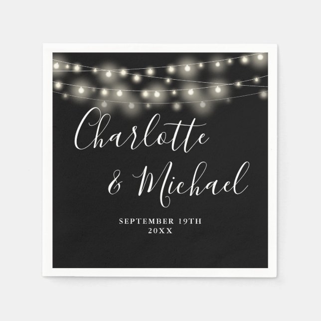 Guardanapo De Papel Luzes de Corda Assinatura Script Casamento Preto B (Frente)