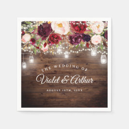 Guardanapo De Papel Luzes de Corda Florais Burgundy Rústicas Casamento