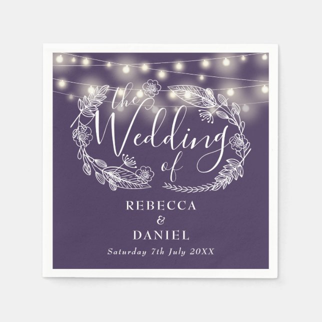 Guardanapo De Papel Luzes de Corda Floral Roxo Casamento (Frente)