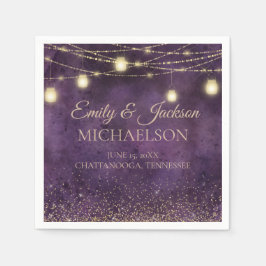 Guardanapo De Papel Luzes de Corda Roxo Dourado Elegante Rústico Casam