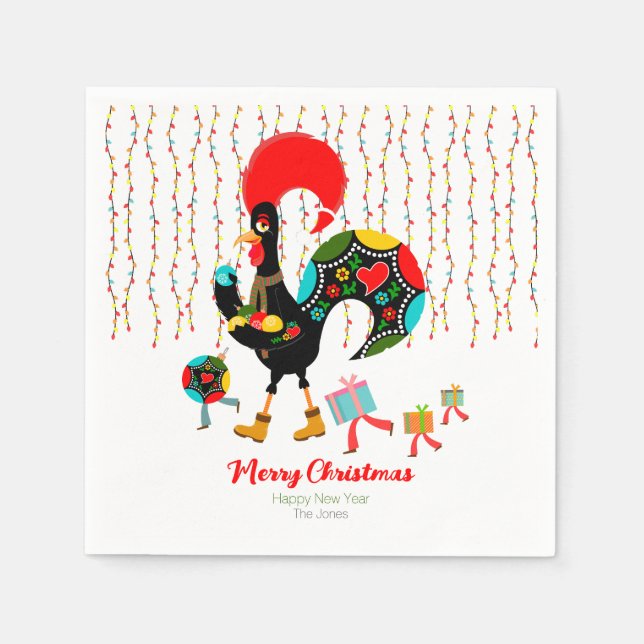 Guardanapo De Papel Luzes de Natal, baubles, presentes e galos (Frente)