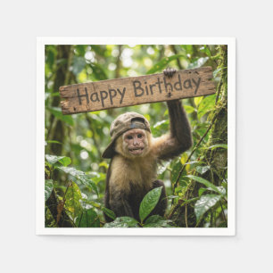 Guardanapo De Papel Macaco segurando um cartão de Feliz Aniversário