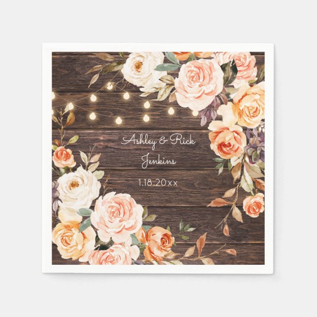 Guardanapo De Papel Madeira, Luzes, Cor-de-rosa pincelado e Casamento  (Frente)