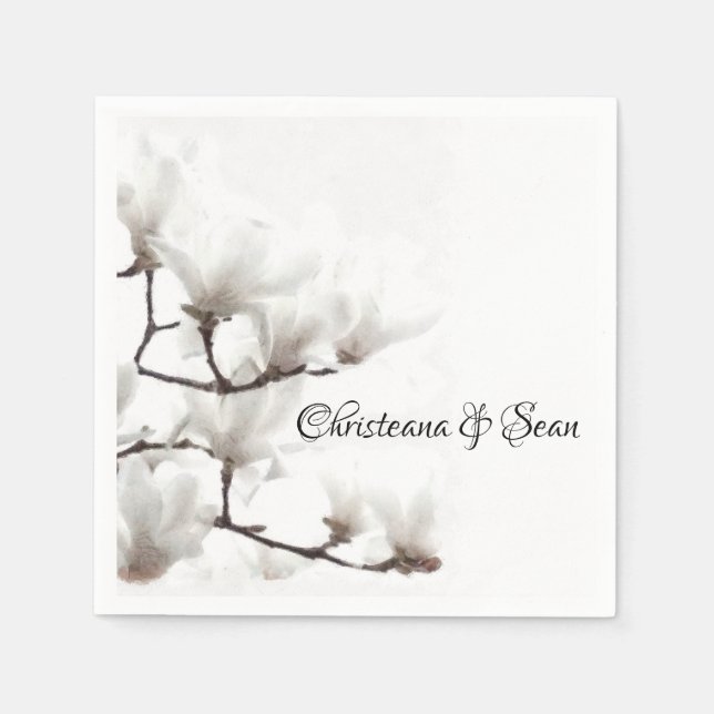 Guardanapo De Papel Magnolia Branca e Negra Elegante Aquarela Floral (Frente)