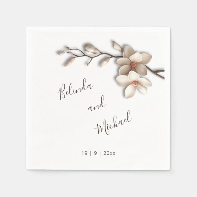 Guardanapo De Papel Magnólia Flores 3D Marfim | Casamento (Frente)