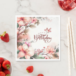 Guardanapo De Papel Magnolia Rosa Blossomas e Pássaros Feliz Aniversár