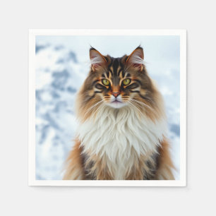 Guardanapo De Papel Maine Coon Cat em um retrato de neve selvagem