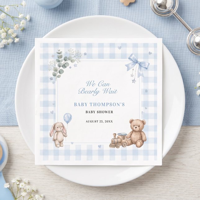 Guardanapo De Papel Mal Podemos Esperar Urso de Ginga Azul (We Can Bearly Wait Blue Gingham Teddy Bear Napkins)