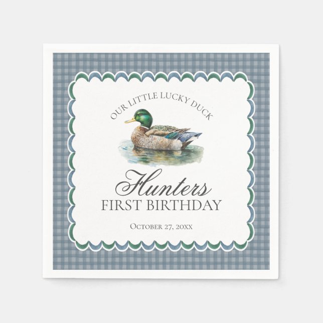 Guardanapo De Papel Mallard Duck Hunting Blue Gingham Boy Birthday (Frente)