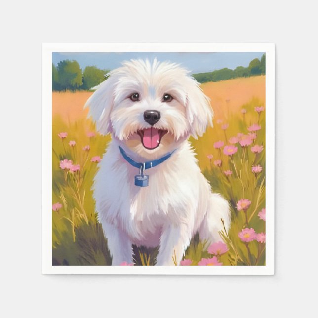 Guardanapo De Papel Maltese Dog Flower Field Painting (Frente)