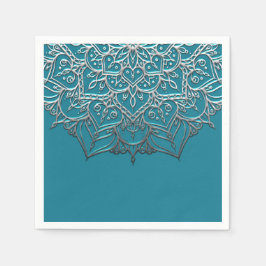 Guardanapo De Papel Mandala Azul Turquesa e Prata Elegante Casamento M