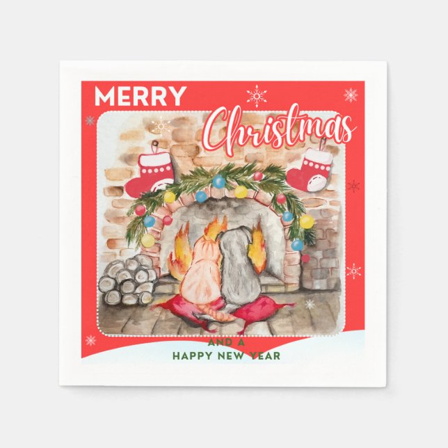 Guardanapo De Papel Manta de Natal com cão e gato (Frente)