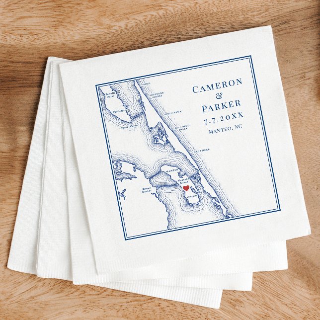 Guardanapo De Papel Manteo NC Outter Banks OBX Marinho Elegant Weding (Manteo NC custom wedding cocktail napkins with elegant navy blue Outer Banks OBX map)