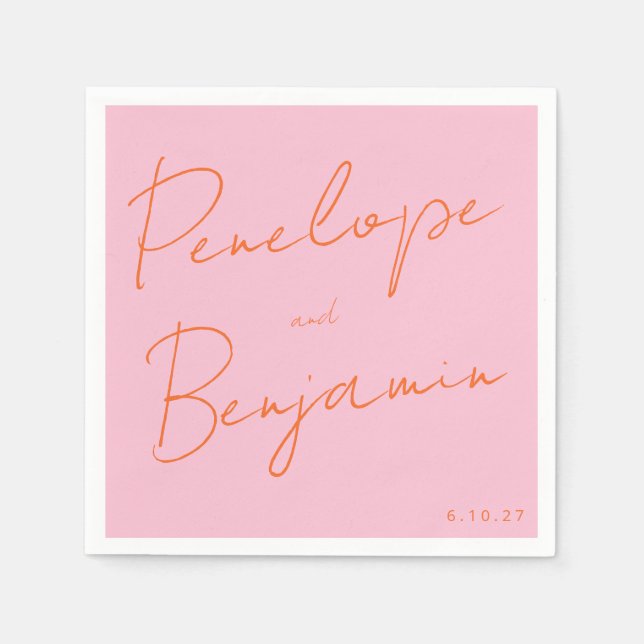 Guardanapo De Papel Manuscrito Moderno, Pink e Casamento Laranja (Frente)