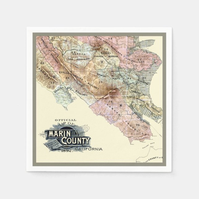 Guardanapo De Papel Mapa Antigo de 1890 do Condado de Marin (Frente)