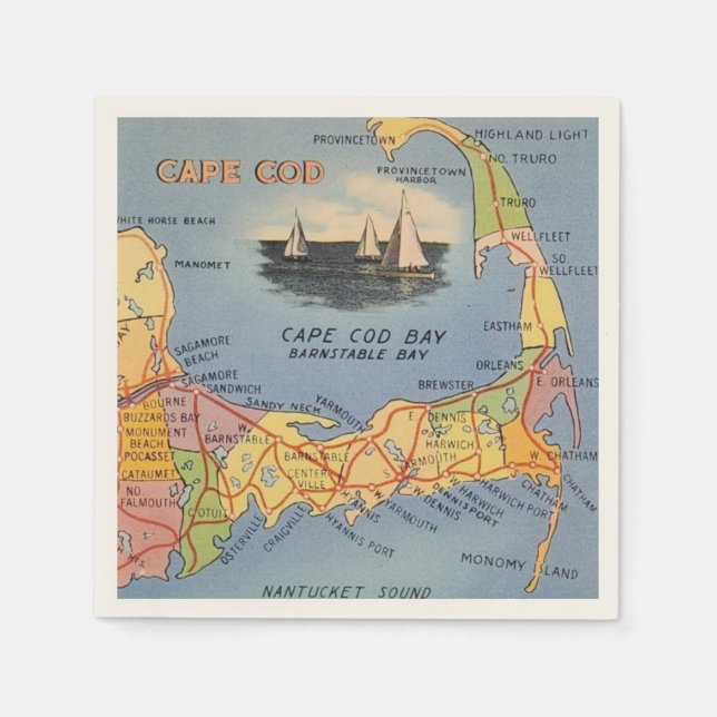 Guardanapo De Papel Mapa Antigo de Cape Cod Massachusetts (Frente)