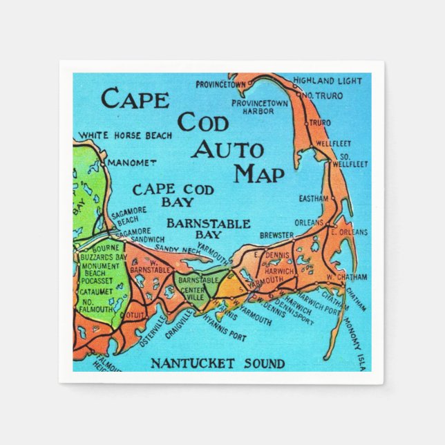 Guardanapo De Papel Mapa Colorido de Cape Cod (Frente)