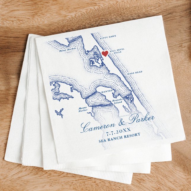 Guardanapo De Papel Mapa de Kill Devil Hills Casamento OBX Azul Marinh (Kill Devil Hills NC Map Navy Blue Outer Banks Wedding Napkins from Coastal Map Designs)