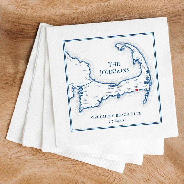 Guardanapo De Papel Mapa do Cabo Cod Casamento Personalizado Elegante  (Cape Cod Elegant Wedding Napkins for a Cape Cod destination wedding at Wychmere Beach Club)
