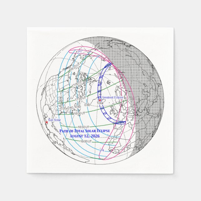 Guardanapo De Papel Mapa do Eclipse Solar Total de 2026 (Frente)