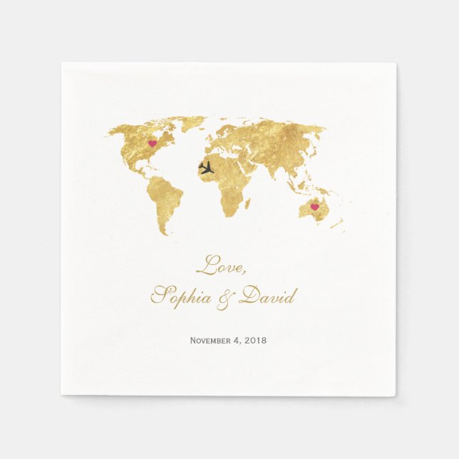 Guardanapo De Papel Mapa do Mundo Dourado de Casamento de Destino Româ (Frente)