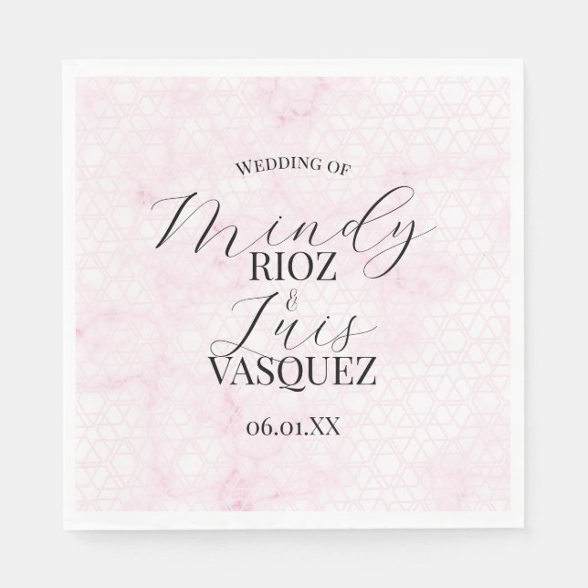 Guardanapo De Papel Marble Abstract Pink Wedding Script Black  (Frente)
