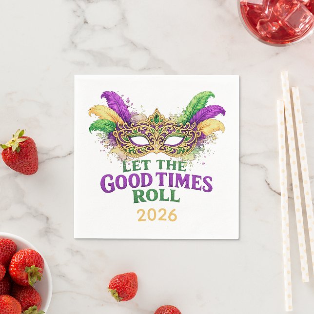Guardanapo De Papel Mardi Gras Masquerade Mask Let The Good Times Roll (Celebrate 2026! Vibrant Mardi Gras napkins—personalize the year and let the good times roll)