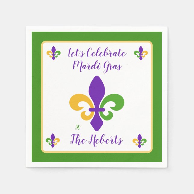 Guardanapo De Papel Mardi Gras NAME Green Gold Purple Fleur de Lis (Frente)