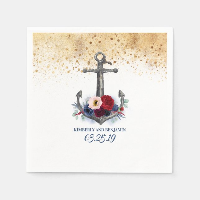 Guardanapo De Papel Marinho Azul e Borgonha Vermelha Anchor Floral Náu (Frente)