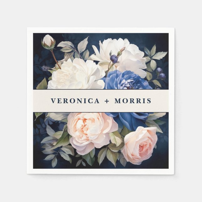 Guardanapo De Papel Marinho Azul e Pincel Pintado Casamento Floral Ros (Frente)