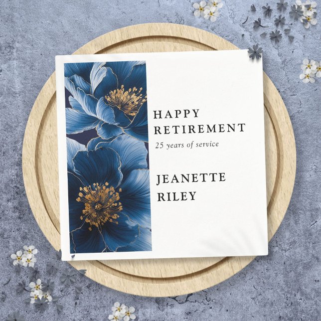 Guardanapo De Papel Marinho Azul Elegante Moderno, Reforma Feliz Flora (Navy Blue Elegant Modern Floral Happy Retirement Napkins)