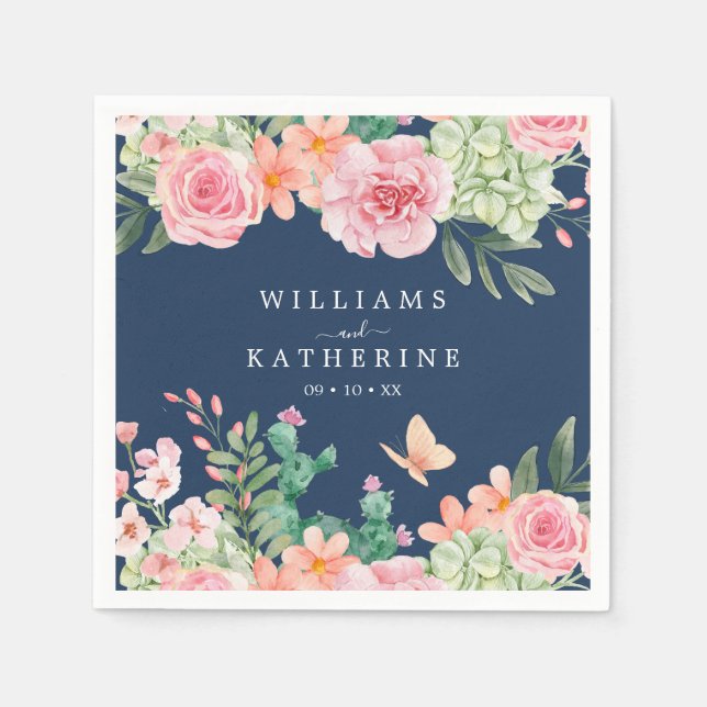 Guardanapo De Papel Marinho Azul Pousado Pincel Rosa e Pêssego Casamen (Frente)