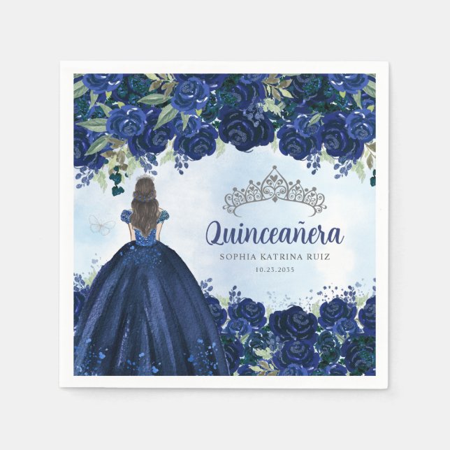 Guardanapo De Papel Marinho azul Prata prateada princesa Quinceanera (Frente)