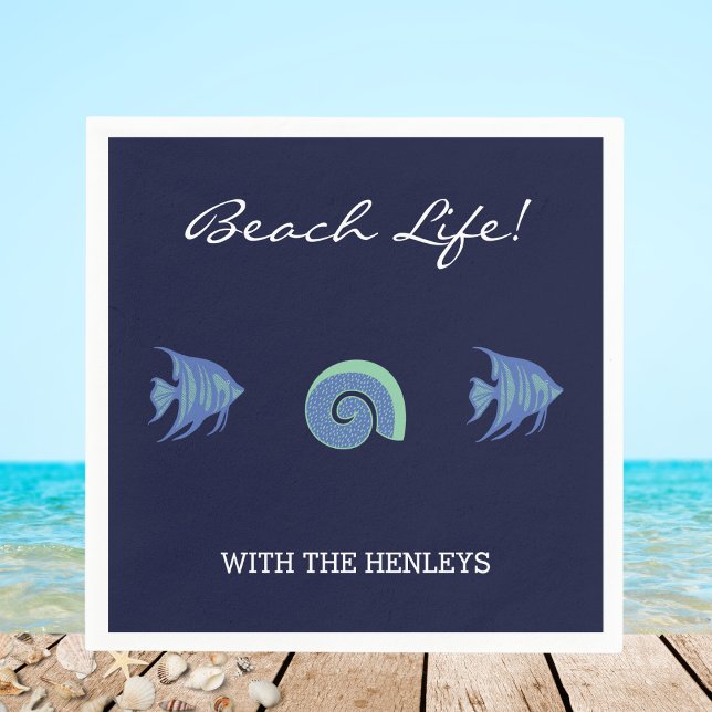 Guardanapo De Papel Marinho Azul Stripes Nome Família Fish Beach House (Criador carregado)