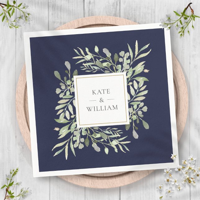 Guardanapo De Papel Marinho Azul Verde Casamento por Aquarela (Navy Blue Greenery Watercolor Wedding Napkins)